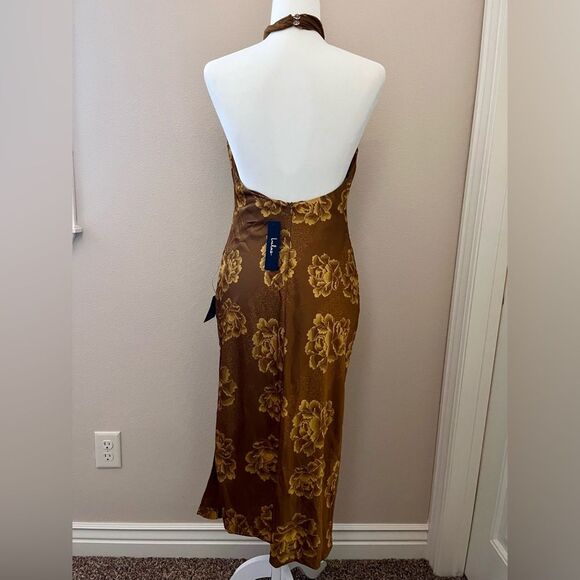 Lulus Elegant Brown gold Sheath midi Dress with Halter Neckline for Night Out - Picture 3 of 9